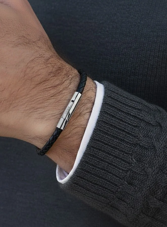 ريبلور فابيو سوار جلد أسود وفضي